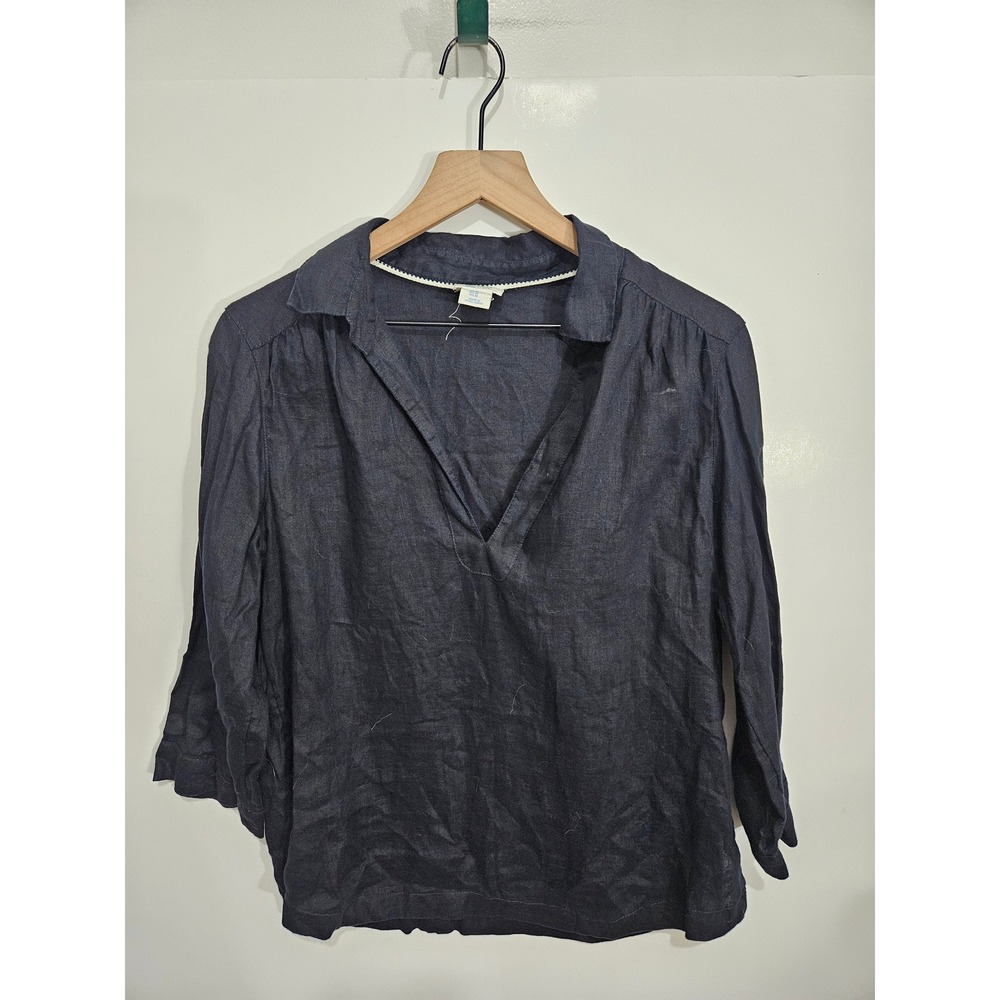 Olsen Women Navy Blue 100% Linen V-Neck 3/4 Sleeve‎ Tunic Blouse Top Size M